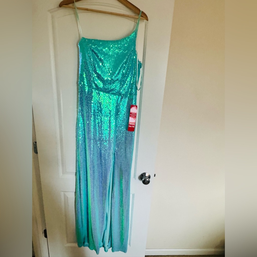 Crystal Doll Aqua Sequin Prom Dress